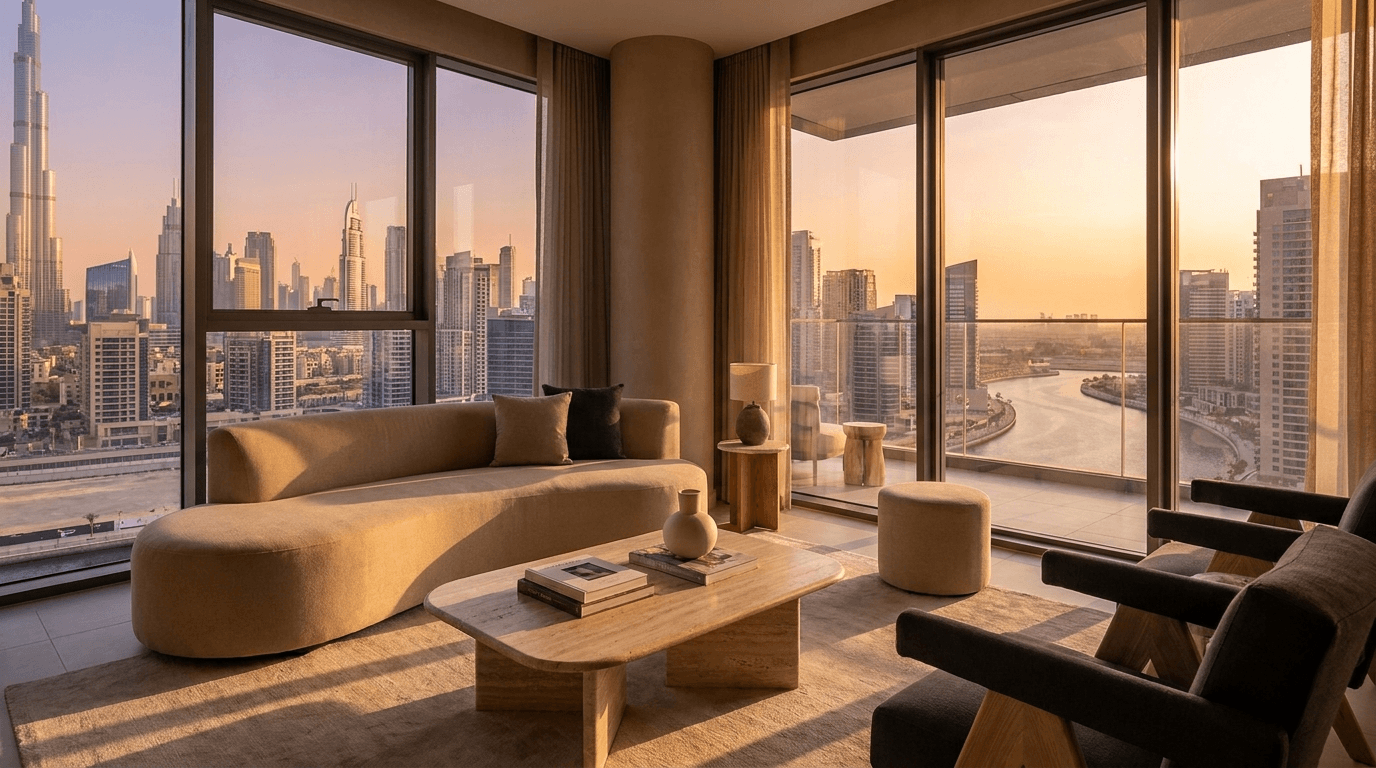Dubai skyline at sunset with the Burj Khalifa